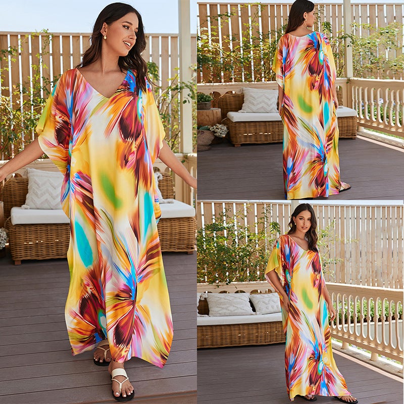 Generic Cross-border European and American rayon tie-dyed beach jumpsuit long dress loose robe bikini swimsuit outer blouse sun protection shirt ZS2277-1 yellow background flower