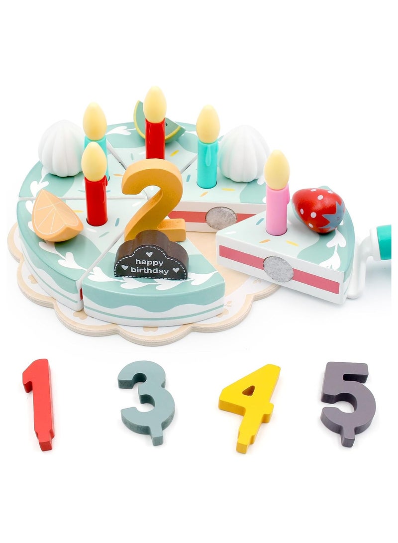 Wooden Birthday Cake for Kids, Fake Cake Tea Party Set Pretend Play Toy Kitchen Accessories, Wooden Cake Set, Gift for 3 4 5 6 Year Old Boys Girls Birthday Christmas - Image 1