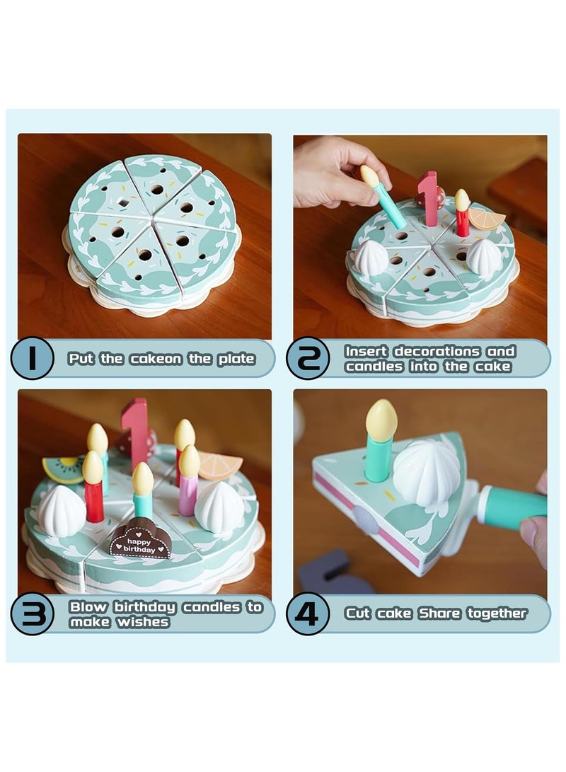 Wooden Birthday Cake for Kids, Fake Cake Tea Party Set Pretend Play Toy Kitchen Accessories, Wooden Cake Set, Gift for 3 4 5 6 Year Old Boys Girls Birthday Christmas - Image 3