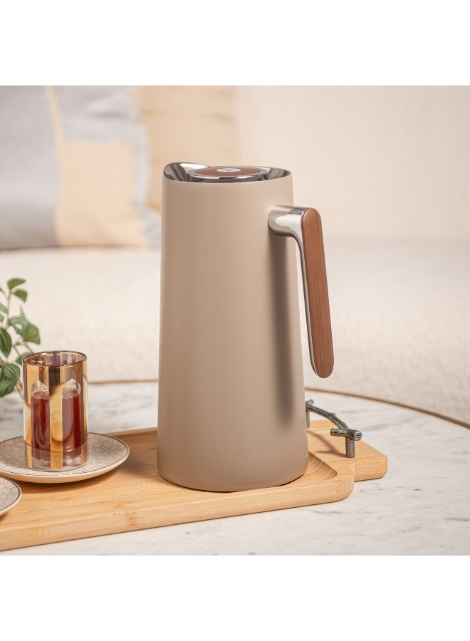 Dallaty 1L warm grey steel vacuum flask with wooden handle - Image 1