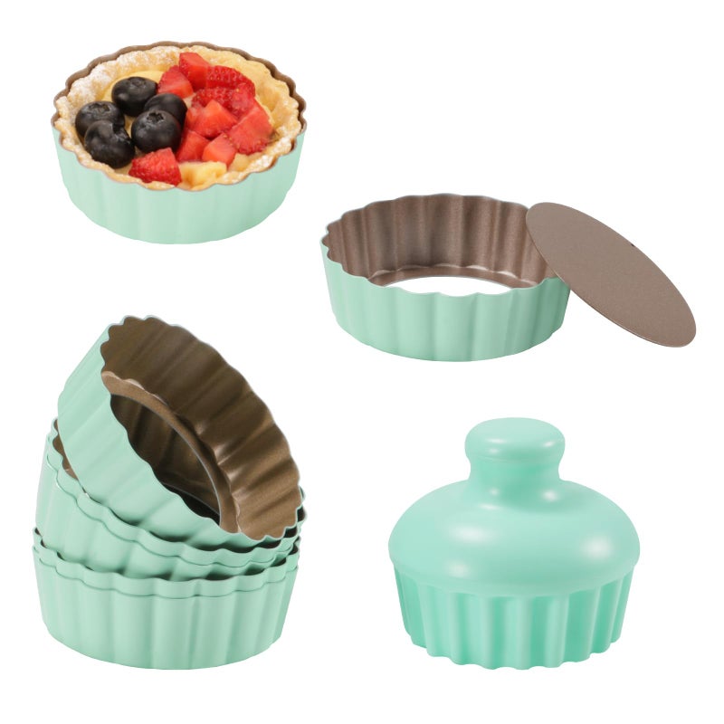 LIFVCNT Mini Tart Pan Set 6PCS 36 Inch Tart Pans with Removable Bottom and Tart Tamper Extra Deep 1 Inch Tartlet Pan Nonstick Bakeware for Mini Pies Tarts Quiches Cheesecakes Green