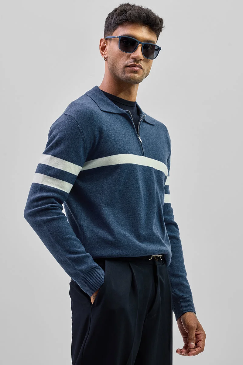 سنيتش Navy Striped Long Sleeve Slim Fit Casual Sweater