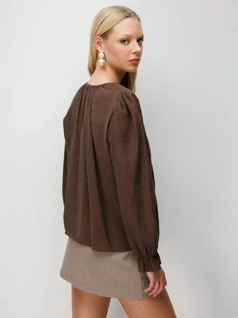 MixRay Coffee Brown MIXRAY Textured Button-Up Crew Neck Blouse for Women | Best Price UAE
