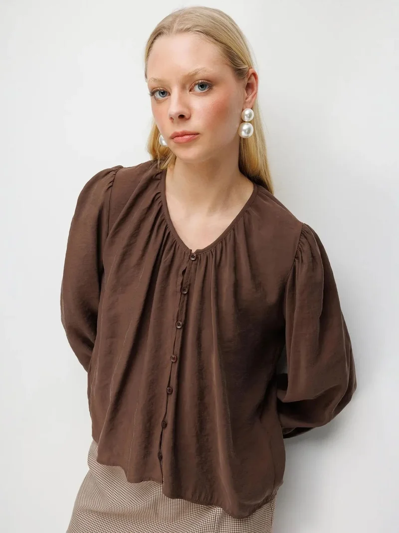 MixRay Coffee Brown MIXRAY Textured Button-Up Crew Neck Blouse for Women | Best Price UAE