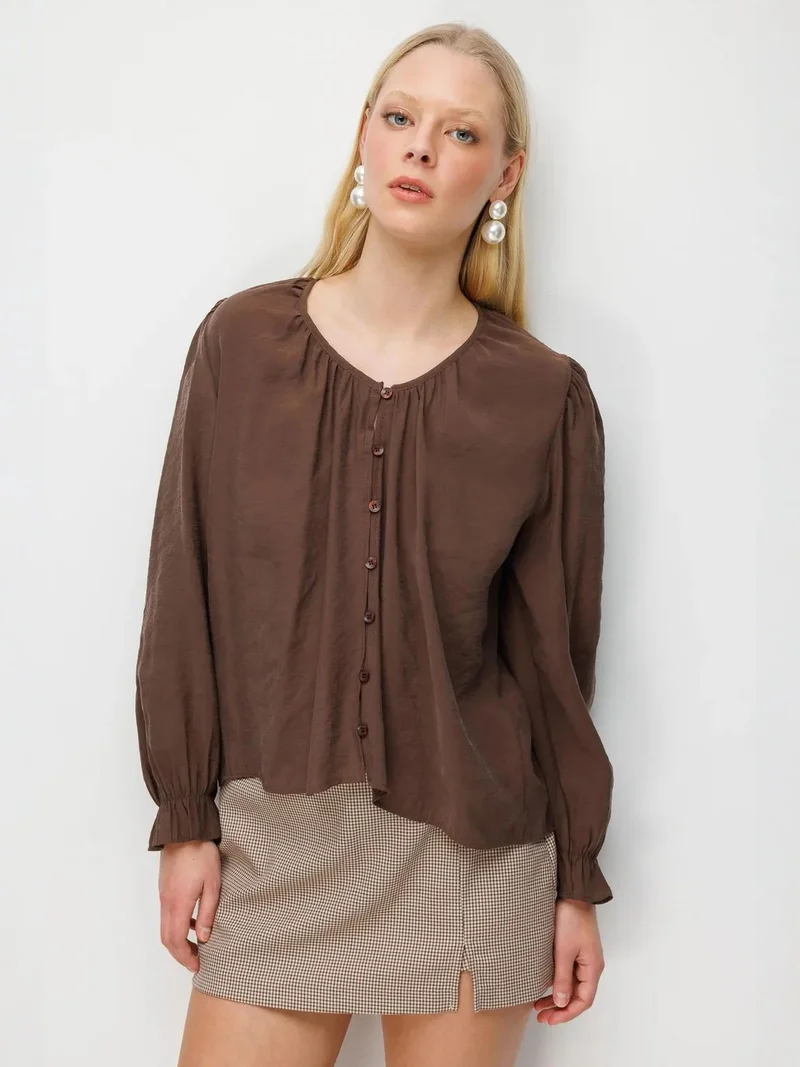 MixRay Coffee Brown MIXRAY Textured Button-Up Crew Neck Blouse for Women | Best Price UAE