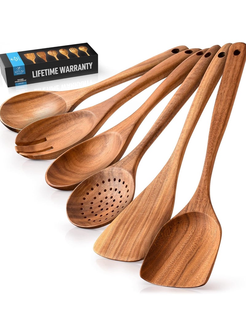 Zulay Kitchen 6 Piece Wooden Spoons for Cooking - Smooth Finish Teak Wooden Utensils for Cooking - Soft Comfortable Grip Wood Spoons for Cooking - Non-Stick Wooden Cooking Utensils - Wooden Spoon Sets - Image 1