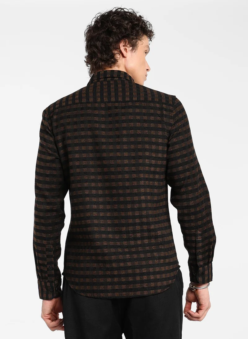 كامبوس سوترا Men's Chocolate Brown & Charcoal Black Gingham Shirt