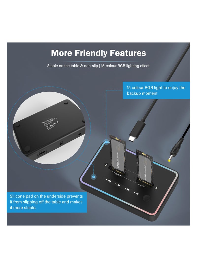 M.2 Reader 20Gbps Docking Station, M.2 Duplicator Cloner Dual-Bay Offline USB C to NVME SATA Docking Station for Both (M Key, B+M Key) PCIE NGFF Dock, Size 22110 2280 2260 2242 2230 Enclosure