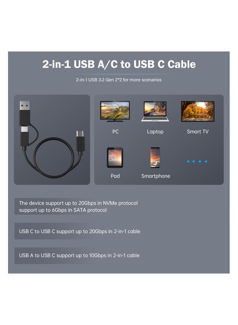 M.2 Reader 20Gbps Docking Station, M.2 Duplicator Cloner Dual-Bay Offline USB C to NVME SATA Docking Station for Both (M Key, B+M Key) PCIE NGFF Dock, Size 22110 2280 2260 2242 2230 Enclosure