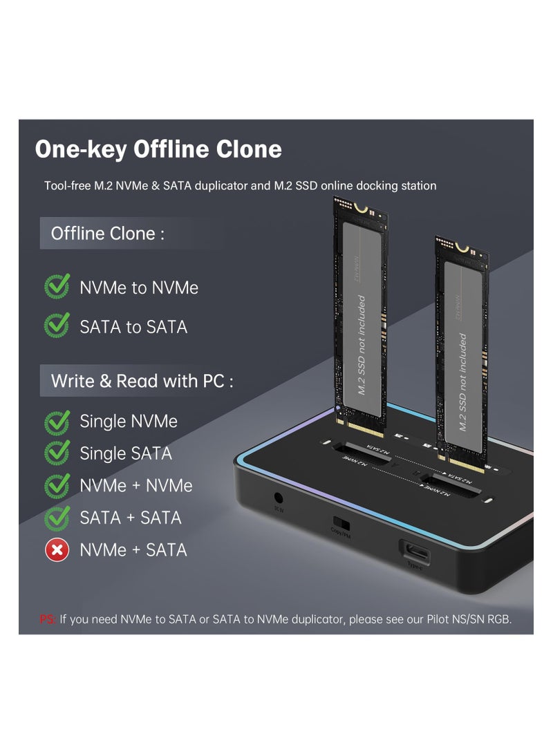 M.2 Reader 20Gbps Docking Station, M.2 Duplicator Cloner Dual-Bay Offline USB C to NVME SATA Docking Station for Both (M Key, B+M Key) PCIE NGFF Dock, Size 22110 2280 2260 2242 2230 Enclosure