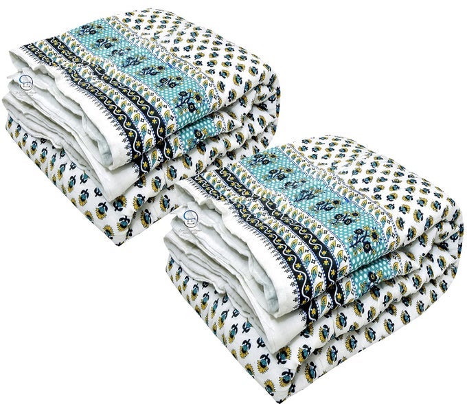 210 TC SINGLE BED JAIPURI COTTON RAJAI BLANKET AC QUILT SOFT LIGHT WEIGHT RAJASTHANI TRADITIONAL RAZAI COMFORTER 85 X 55 INCH GREEN PACK OF 2