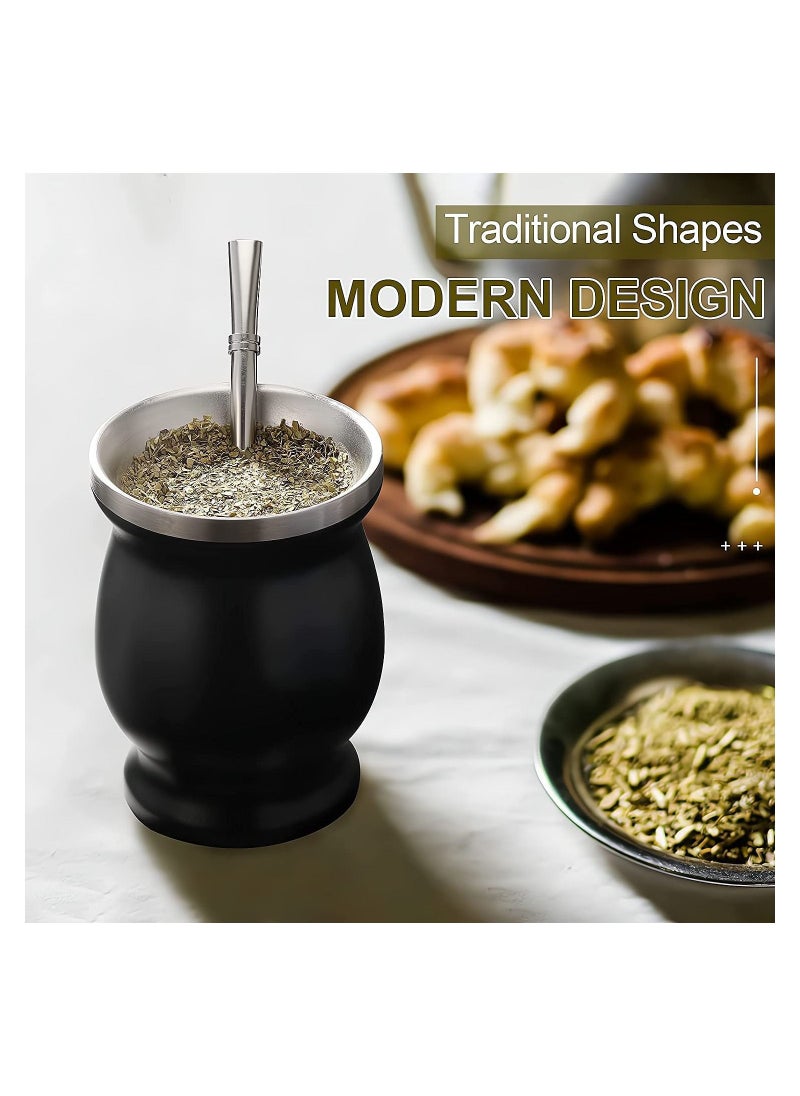 KASTWAVE - Yerba Mate Tea Cup, Stainless Steel Double Walled Easy Wash Household Insulation Cup, Mate Gourds for Yerba Mate Loose Leaf Drinking with Bombilla Straw, Black, 230 Ml - Image 1