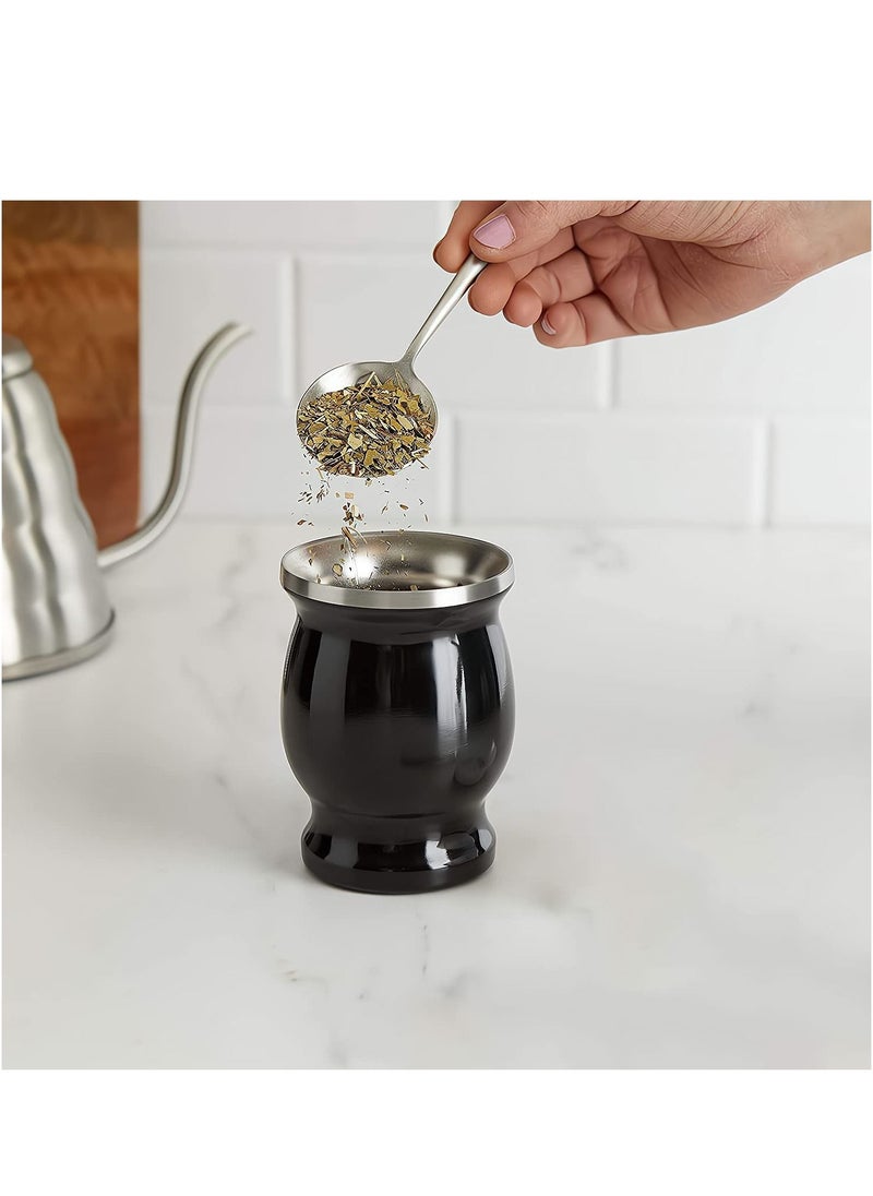 KASTWAVE - Yerba Mate Tea Cup, Stainless Steel Double Walled Easy Wash Household Insulation Cup, Mate Gourds for Yerba Mate Loose Leaf Drinking with Bombilla Straw, Black, 230 Ml - Image 1
