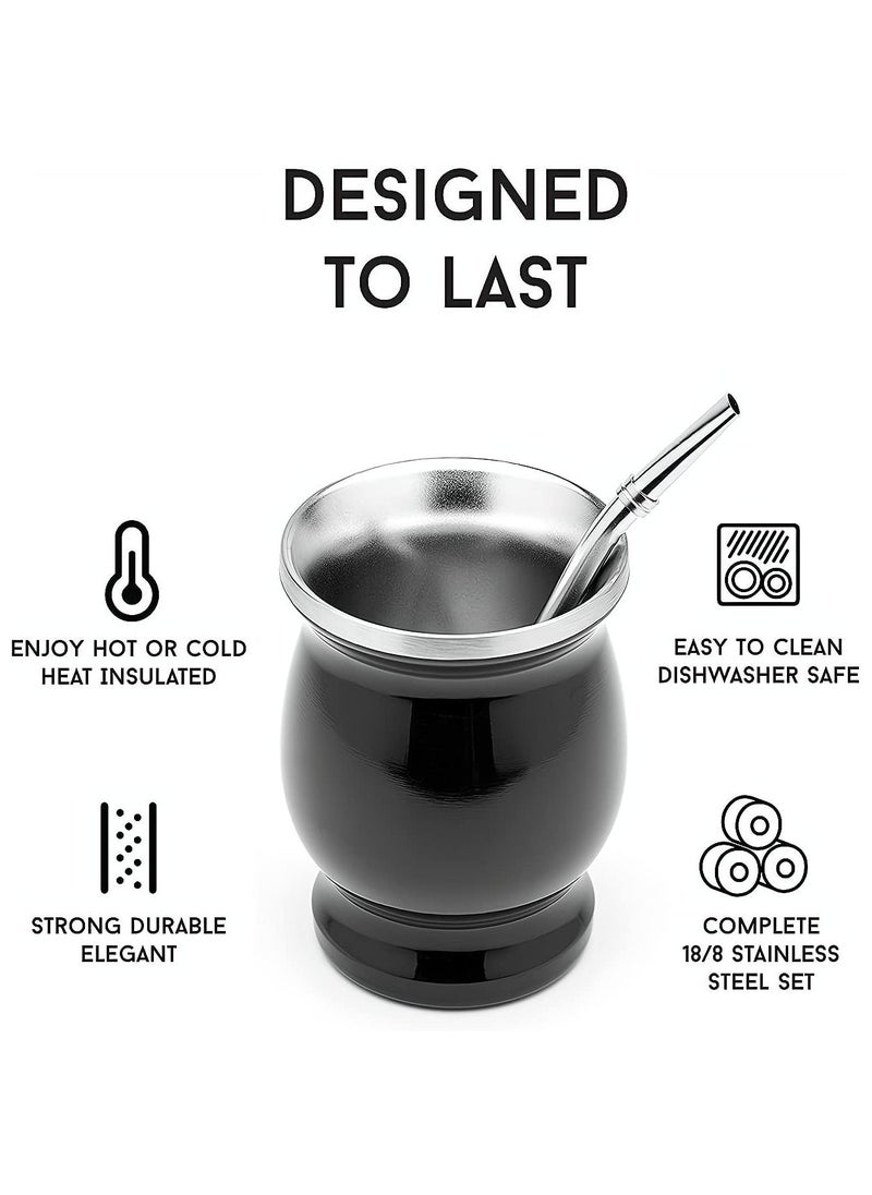 KASTWAVE - Yerba Mate Tea Cup, Stainless Steel Double Walled Easy Wash Household Insulation Cup, Mate Gourds for Yerba Mate Loose Leaf Drinking with Bombilla Straw, Black, 230 Ml - Image 1