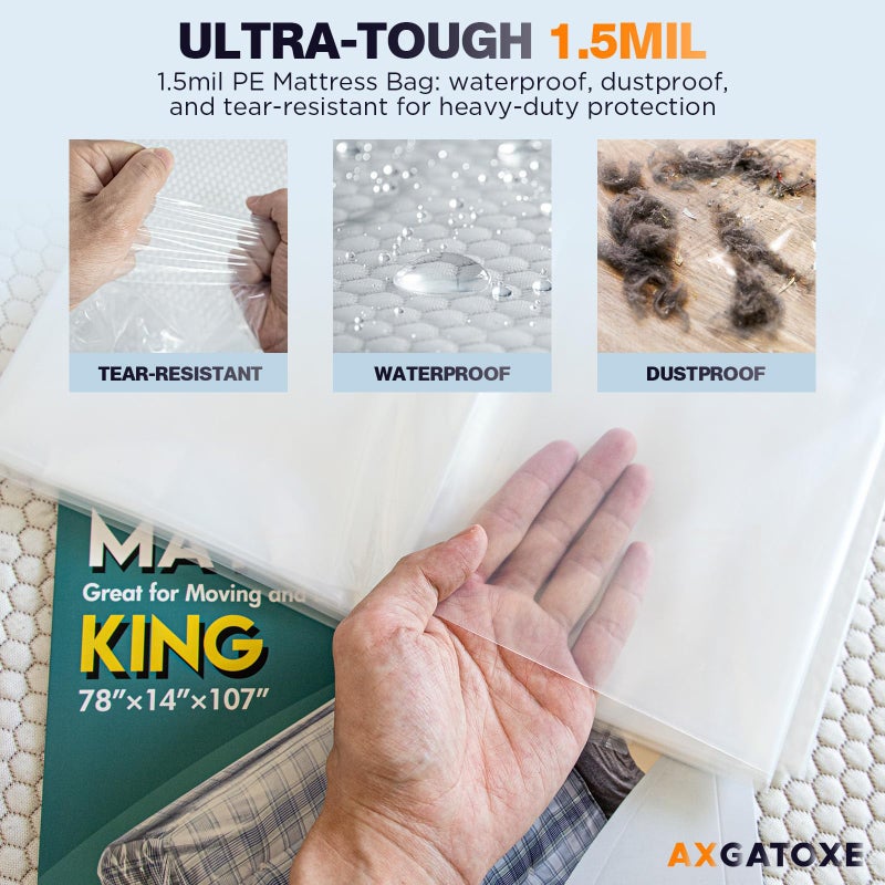 Axgatoxe Plastic Mattress Bag for Moving Storage, Waterproof Mattress Cover, Mattress Protector for Moving Supplies - King Size (1.5MIL) - Image 3