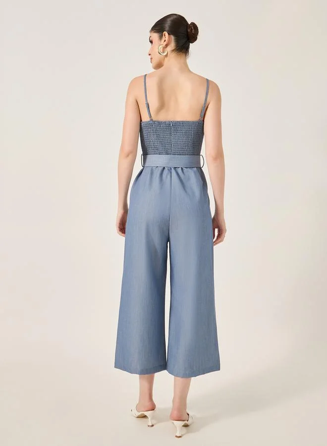 Styli Smocked Back Belted Strappy Wide Leg Jumpsuit