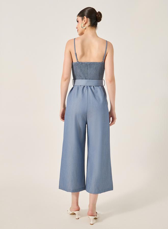 Styli Smocked Back Belted Strappy Wide Leg Jumpsuit  - Image 5