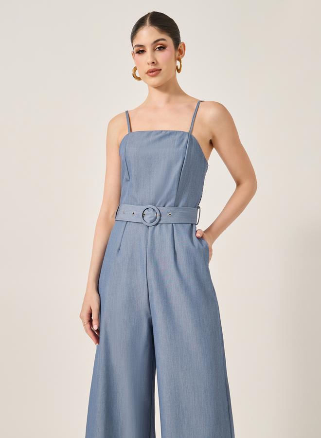 Styli Smocked Back Belted Strappy Wide Leg Jumpsuit  - Image 3