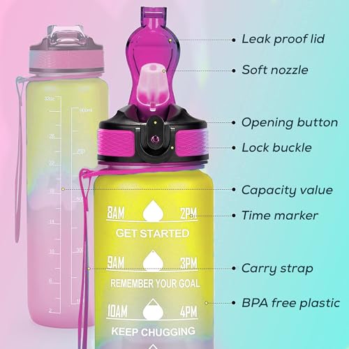 WERFIT 1000ml Water Bottle with Time Markers | BPA-Free, Leak-Proof, Flip-Top Lid, Carry Strap, Gradient Design - Image 5