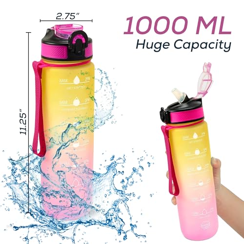WERFIT 1000ml Water Bottle with Time Markers | BPA-Free, Leak-Proof, Flip-Top Lid, Carry Strap, Gradient Design - Image 2