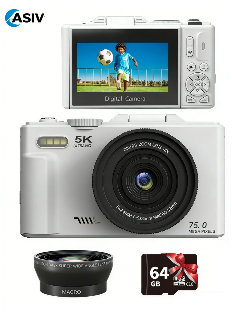 ASIV 5K Digital Camera, 75MP Camera Digital for Photography, Point and Shoot Camara with 64GB Micro SD Card, 18X Digital Camera with 3" 180° Flip Screen, Vlogging Camera for Beginner Gift, Wide Angle & Macro Lens - Image 1
