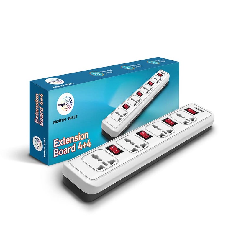 Wipro 4+4 Extension Cord with 2 mtr Cord Length | 4 Way Multi Socket Spike Guard | Individual Switch | Child safty | Auto Cutoff | Fire Resistant, Pack of 1 - Image 5