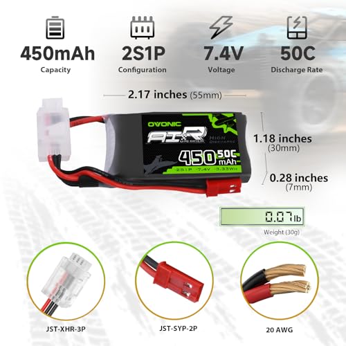 OVONIC بطارية ليثيوم بوليمر OVONIC 2S 50C سعة 450mAh 7.4V مع موصل JST لطائرة RC هليكوبتر طائرة رباعية FPV سباق طائرات الدرون - Image 2