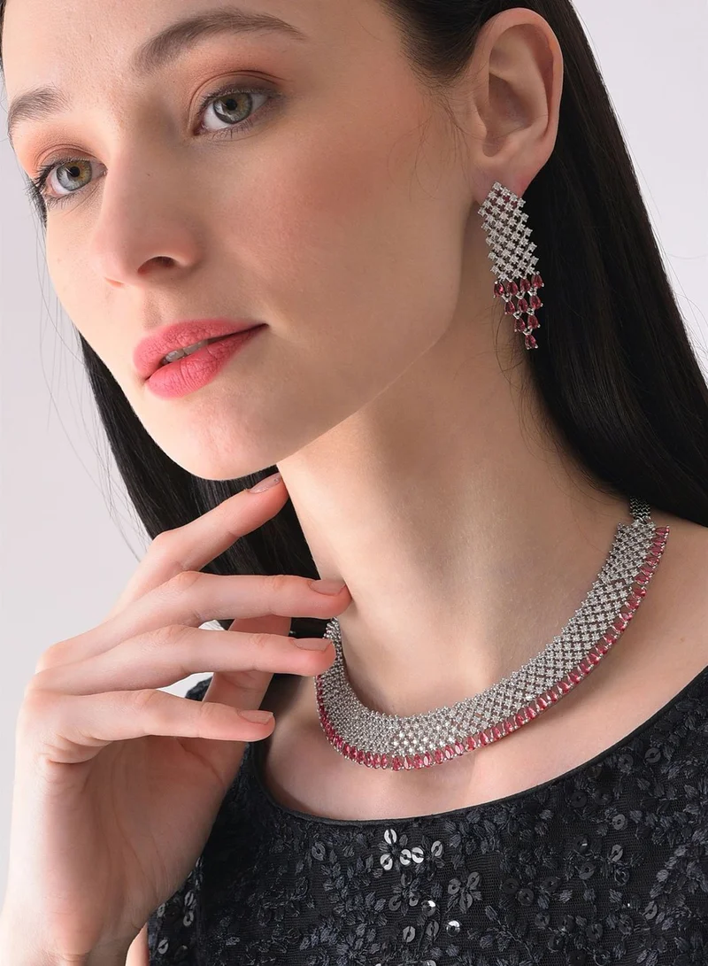 SOHI Silver Plated Designer Stone Necklace and Earring Set