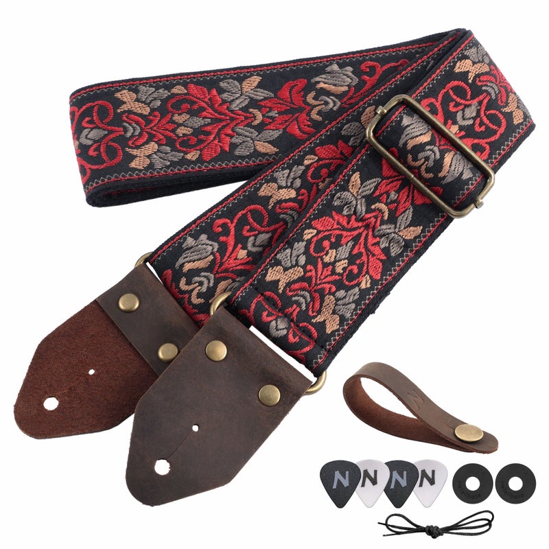 Nefelibata Guitar Strap,Jacquard Embroidery Cotton Guitar Straps with Crazy Horse Leather Leather Ends for Bass, Electric & Acoustic, Best Gifts for Kids, Guitarists(Retro Red Flower) - Image 1