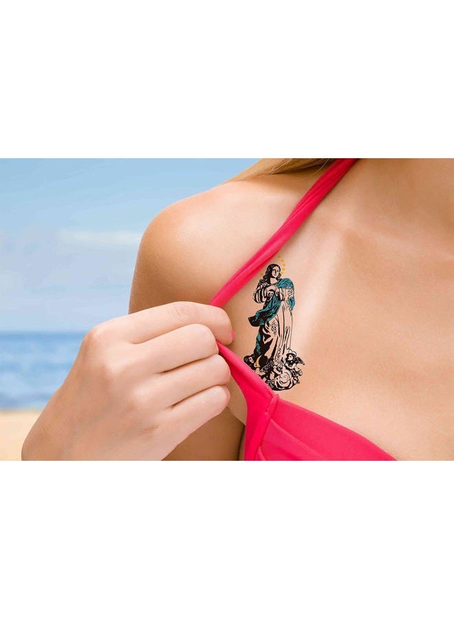 Dopetattoo 6 Sheets Temporary Tattoos Virgin Mary Madonna Praying Hands Rosary Chain and Cross Vintage Temporary Tattoo Neck Arm Chest for Women Men Adults Children - Image 4