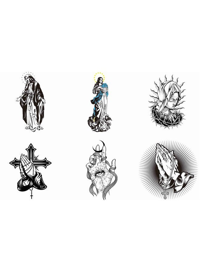 Dopetattoo 6 Sheets Temporary Tattoos Virgin Mary Madonna Praying Hands Rosary Chain and Cross Vintage Temporary Tattoo Neck Arm Chest for Women Men Adults Children - Image 1