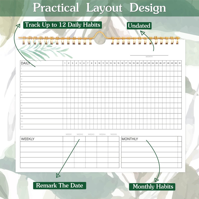 KAICN Habit Tracker Calendar- 12 Months Undated Daily Weekly & Monthly Period Habit Tracker Journal, Greenery Floral, Spiral Binding with Writable Goals Habits Track and Self Care Office Supplies. 8"x10" - Image 2