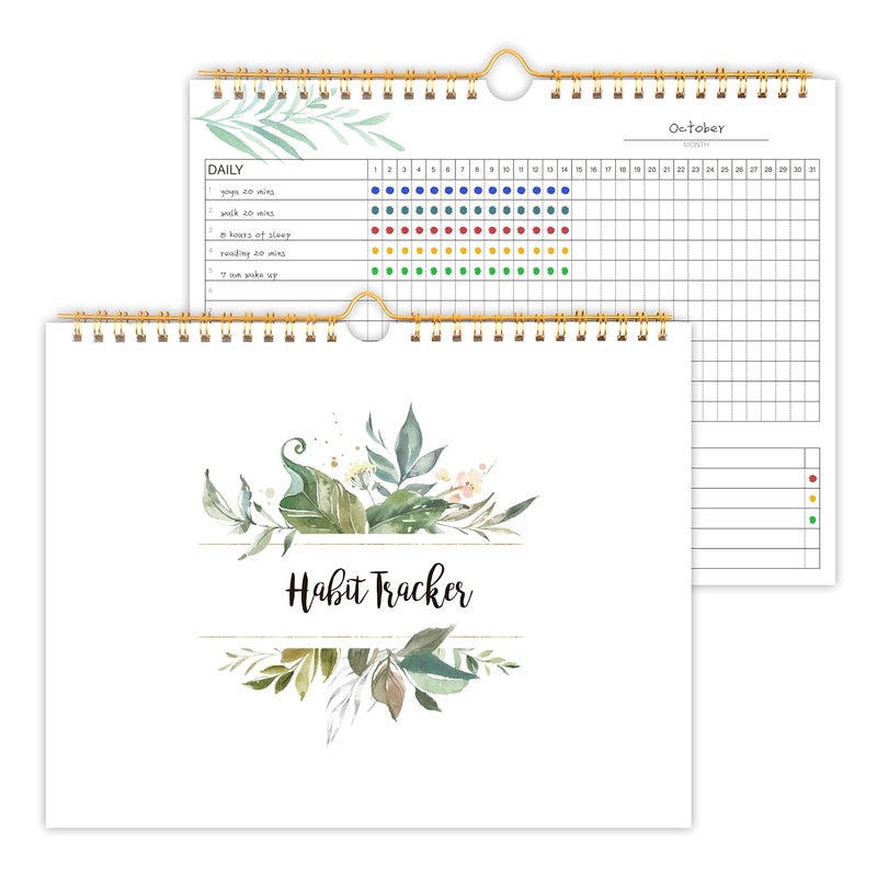 KAICN Habit Tracker Calendar- 12 Months Undated Daily Weekly & Monthly Period Habit Tracker Journal, Greenery Floral, Spiral Binding with Writable Goals Habits Track and Self Care Office Supplies. 8"x10" - Image 1