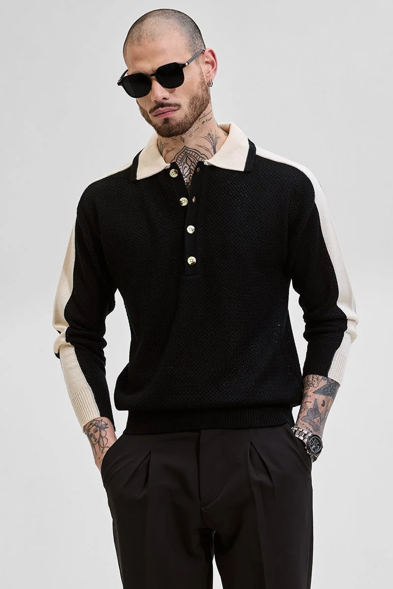 SNITCH Black Colourblocked Knitted Polo T-Shirt
