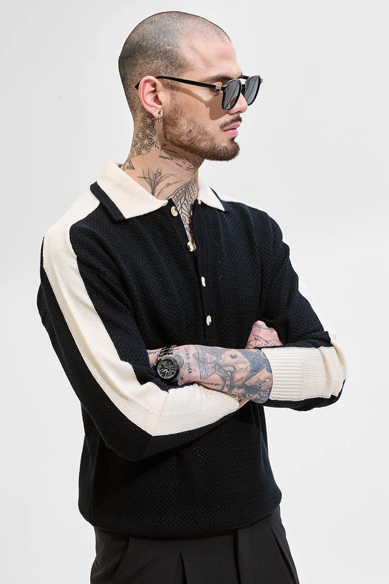 SNITCH Black Colourblocked Knitted Polo T-Shirt