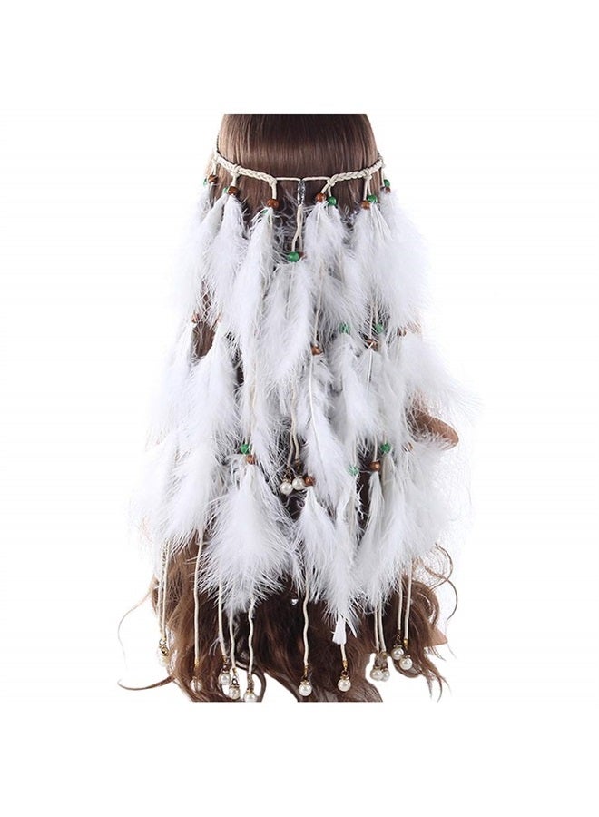 WLBON Feather Headband White Fake Pearl Hippie Indian Boho Hair Bands Tassel Bohemian Halloween Hair Hoop Women Crown Hairband Party Decoration Headdress Cosplay Costume Headwear Headpiece Hair Accessories - Image 1