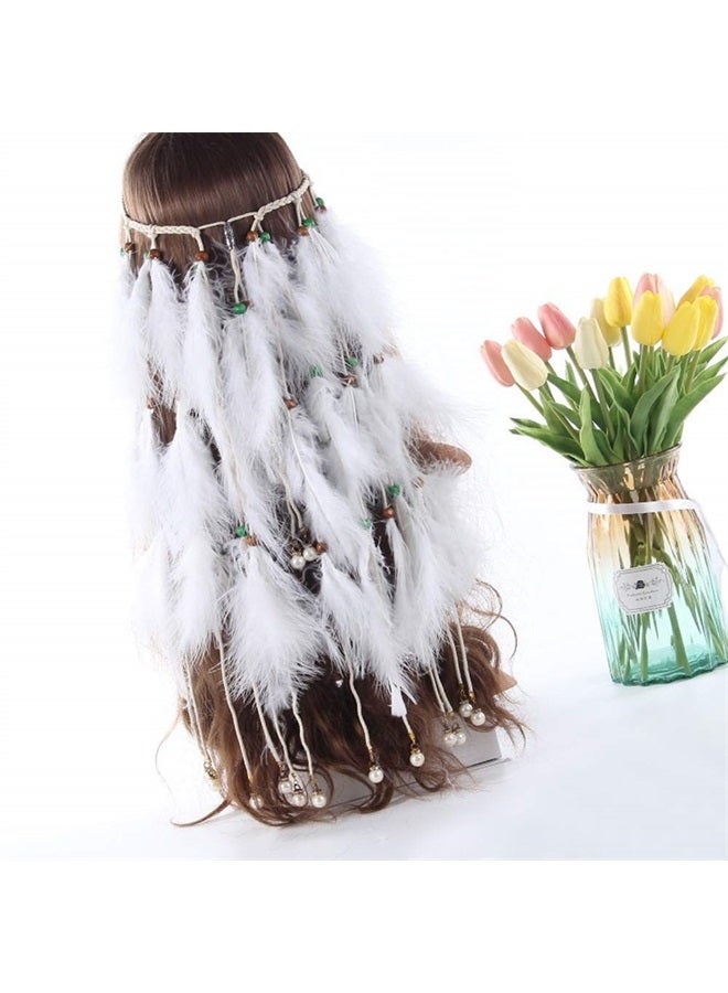 WLBON Feather Headband White Fake Pearl Hippie Indian Boho Hair Bands Tassel Bohemian Halloween Hair Hoop Women Crown Hairband Party Decoration Headdress Cosplay Costume Headwear Headpiece Hair Accessories - Image 3