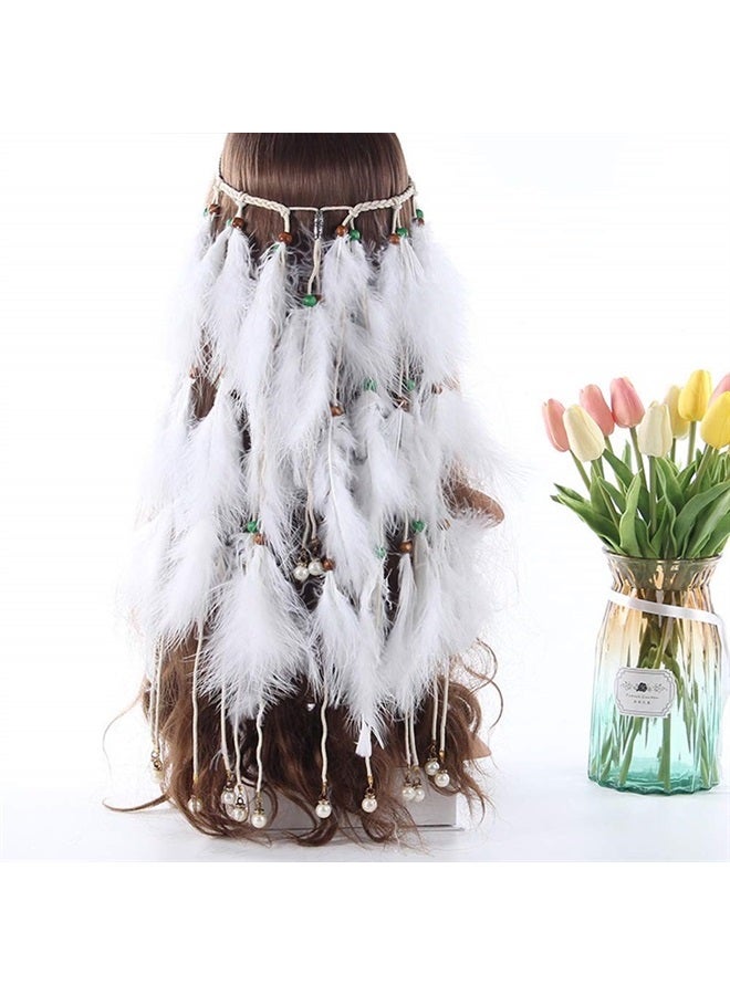 WLBON Feather Headband White Fake Pearl Hippie Indian Boho Hair Bands Tassel Bohemian Halloween Hair Hoop Women Crown Hairband Party Decoration Headdress Cosplay Costume Headwear Headpiece Hair Accessories - Image 2