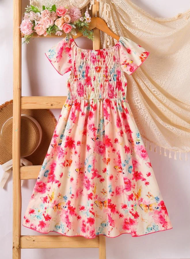 Take Two Girls All-Over Print Square Neck Smocked Dress