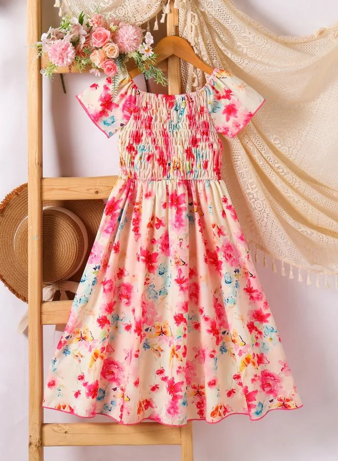 Take Two Girls All-Over Print Square Neck Smocked Dress