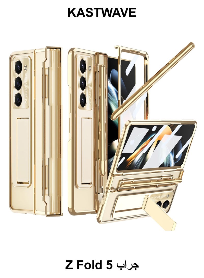 KASTWAVE 4-in-1 Hinge Clear Protective Case for Samsung Z Fold 5 with Kickstand. Stylish Gold Case for Galaxy Z Fold 5 and Galaxy Z Fold 5 5G - Image 1