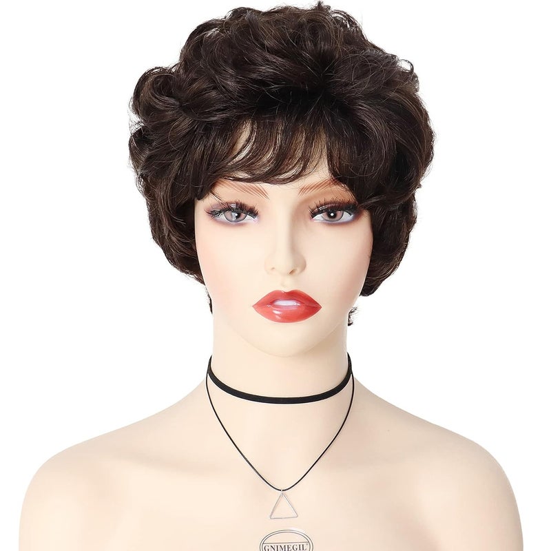 GNIMEGIL Short Dark Brown Curly Wigs with Fuffly Bangs for Women Synthetic Hair Wavy Cosplay Wigs for Daily Party UseDark Brown