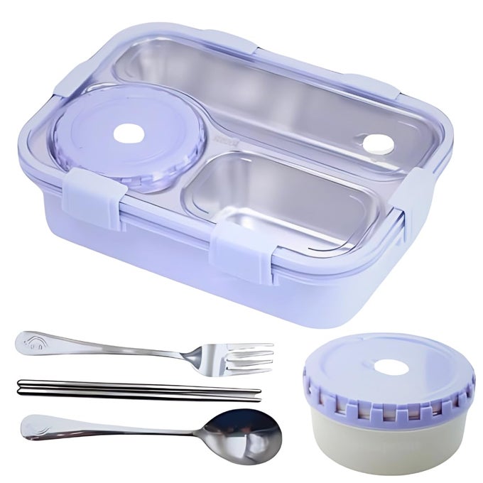 BENTO LUNCH BOX INSULATED AIR TIGHT PORTABLE LUNCH BOX WITH UTENSILS, STAINLESS STEEL LUNCH BOX WITH CONTAINERS, LEAK PROOF BENTO BOX FOR KIDS, ADULTS, MEN WOMEN (PURPLE)