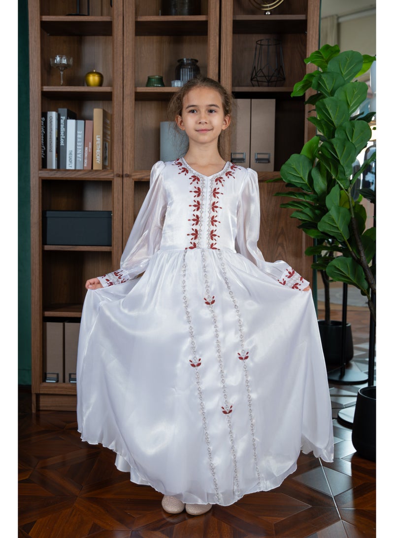 D'Daniela Mariam Embroidered White Jalabiya Abaya with Tie-Up Belt and  Sleeves -for Girl - Image 4