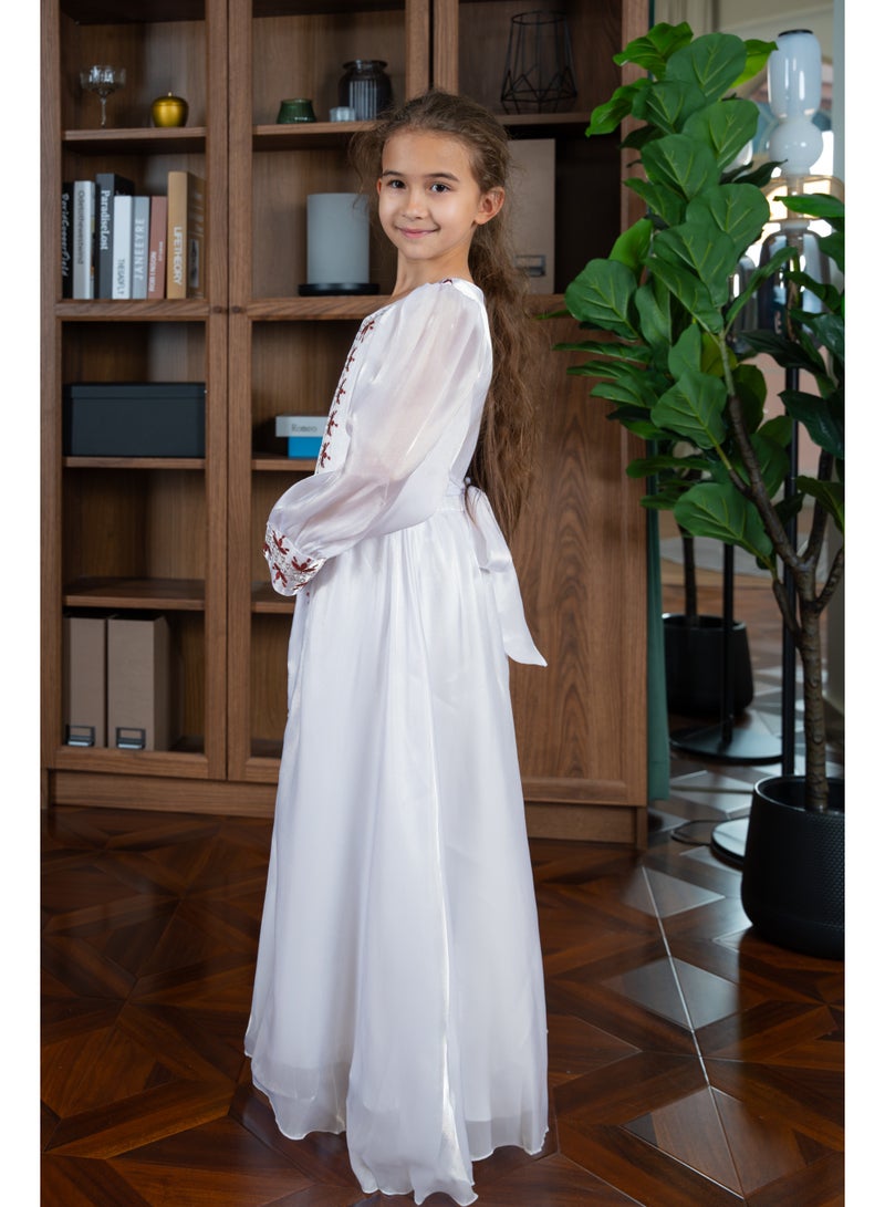 D'Daniela Mariam Embroidered White Jalabiya Abaya with Tie-Up Belt and  Sleeves -for Girl - Image 5