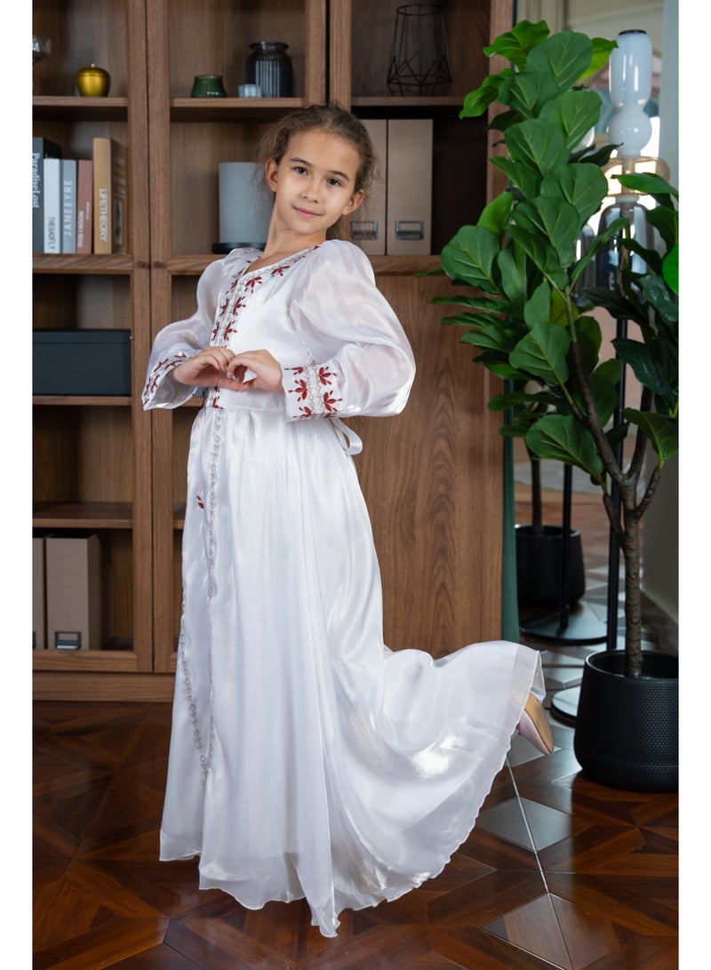 D'Daniela Mariam Embroidered White Jalabiya Abaya with Tie-Up Belt and  Sleeves -for Girl - Image 2