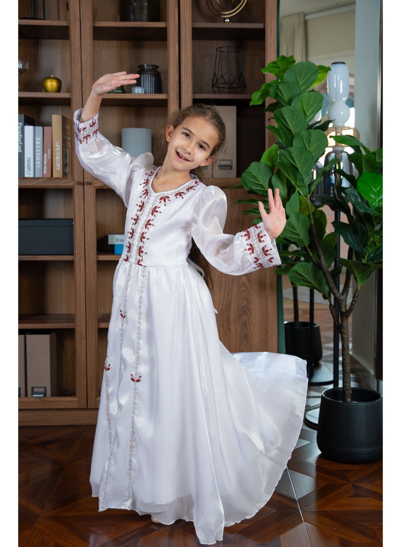 D'Daniela Mariam Embroidered White Jalabiya Abaya with Tie-Up Belt and  Sleeves -for Girl - Image 3