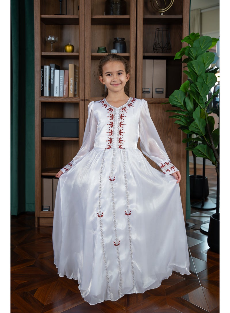 D'Daniela Mariam Embroidered White Jalabiya Abaya with Tie-Up Belt and  Sleeves -for Girl - Image 1