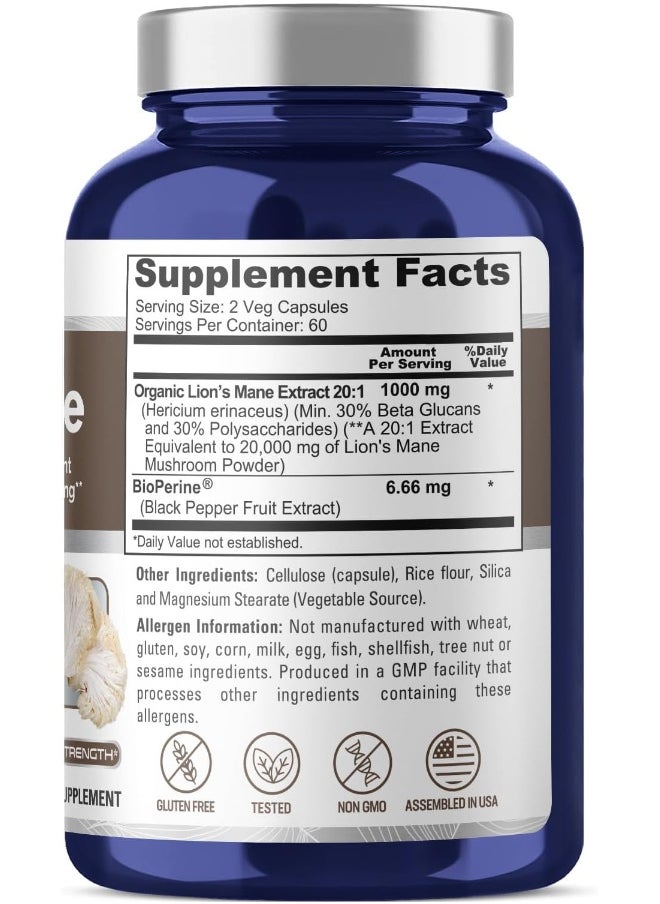 NusaPure - NusaPure Lions Mane 20:1 Extract (20,000 mg Equivalent) - Made with Organic Lion`s Mane, Bioperine - 30% Polysaccharides - 120 Veggie Caps. Non-GMO, Gluten Free - Image 1