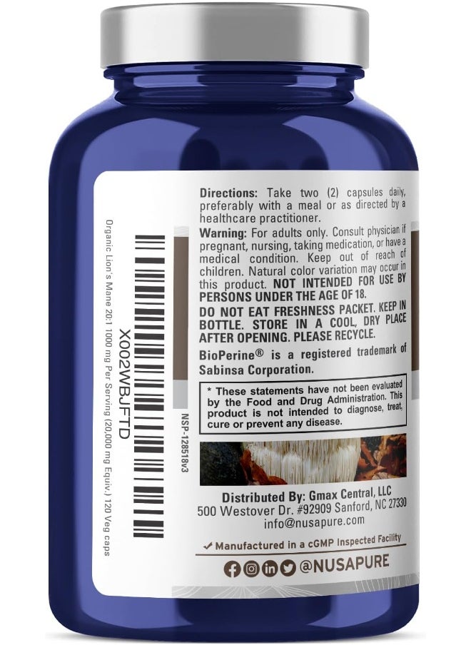 NusaPure - NusaPure Lions Mane 20:1 Extract (20,000 mg Equivalent) - Made with Organic Lion`s Mane, Bioperine - 30% Polysaccharides - 120 Veggie Caps. Non-GMO, Gluten Free - Image 1